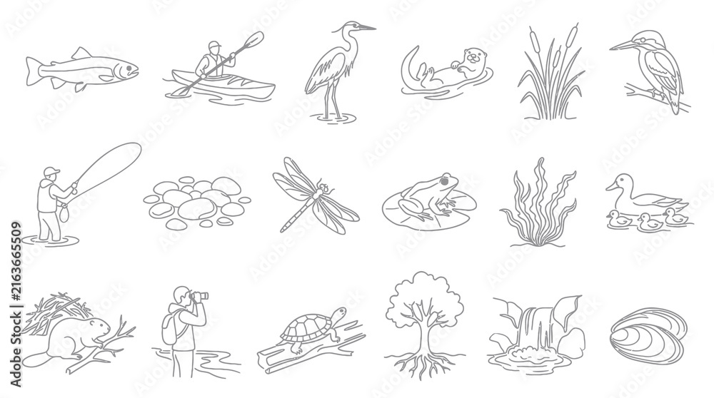 Fototapeta premium Black and White Line Art Icons Set: Freshwater Nature, Wildlife, Plants, and Outdoor Recreation Activities