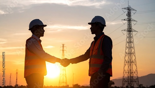 Silhouette architect electrician team at sunset engineers successfully shakehand together maintenance work towering telecommunication