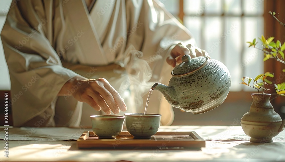 Fototapeta premium Mini Retirement Tea Ceremony Experience with Traditional Japanese Kimono Pouring Hot Tea