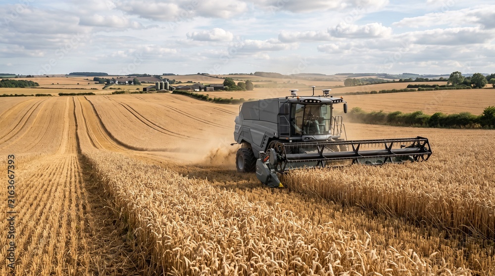 Obraz premium Modern combine harvester working in a golden wheat field during harvest season under a cloudy sky