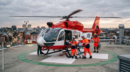 Emergency Medical Helicopter Landing on Hospital Rooftop with Paramedics Transferring Patient
