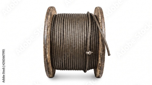 Old weathered industrial steel wire rope wrapped around large wooden spool on white background.