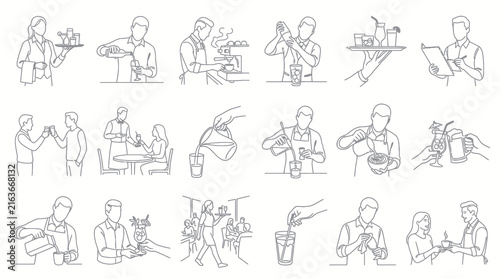 Hospitality Food  Beverage Service Staff Line Art Icons - Waiters, Bartenders, Baristas Outline Set