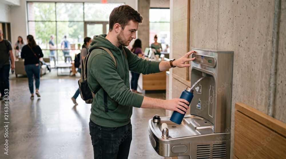 Fototapeta premium Young man filling reusable water bottle at modern water cooler in busy building lobby