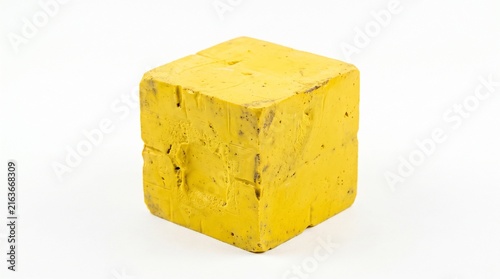 Bright yellow rectangular object with rough texture, possibly a solid block for construction.