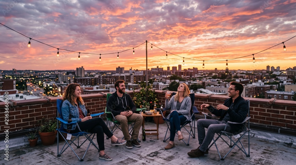 Obraz premium Friends enjoying a rooftop party at sunset with city skyline view and string lights