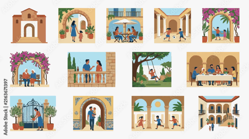 Fototapeta premium Modern Illustrated Scenes of Mediterranean Courtyards and Family Gatherings with Vibrant Colors and Architectural Details