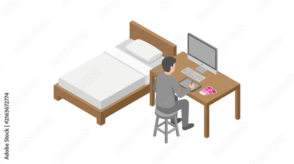 Fototapeta premium Digital artist working at home office desk in bedroom