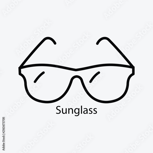 Linear drawing depicts a pair of sunglasses with a simple outline style
