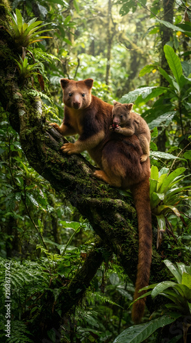 Tree kangaroo with joey in lush tropical rainforest