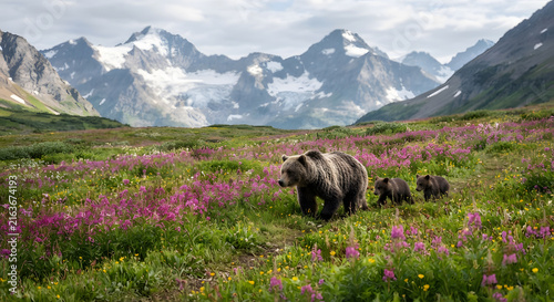 Grizzly bear mother and two cubs in a mountain meadow