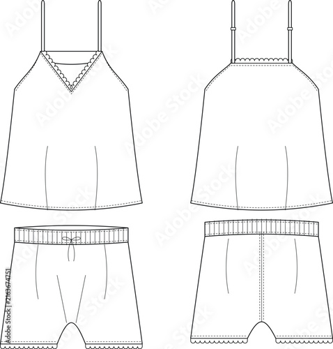 Photography Technical fashion flat sketch of camisole top and shorts set with front and back