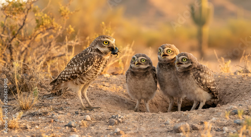 Burrowing owl mother feeding her chicks in the desert