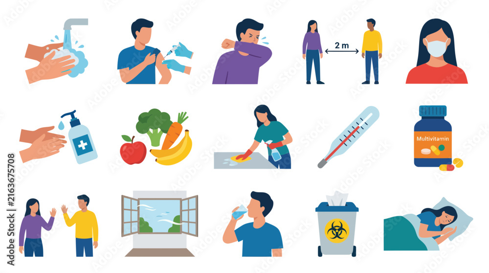 Fototapeta premium Medical Prevention Icons: Handwashing, Vaccination, Mask, Social Distancing, Food, Cleaning, Thermometer, Medicine
