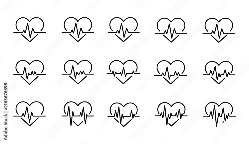Obraz premium Heartbeat ECG Line Icons showing healthy and abnormal cardiac rhythms for medical monitoring, cardiology, healthcare, and diagnosis