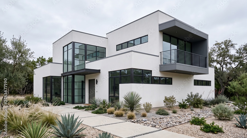 Fototapeta premium Modern Two-Story Architectural House Exterior with Desert Landscaping