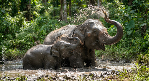 Mother elephant and her calf playing in a muddy water hole
