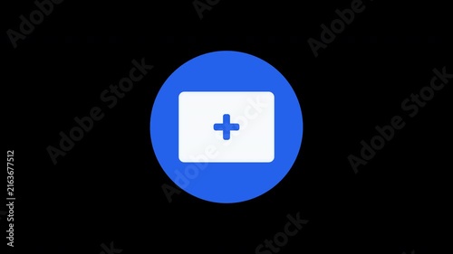 A clean motion graphics animation featuring a minimalist plus symbol inside a white card on a blue circle against a black background, representing a cross