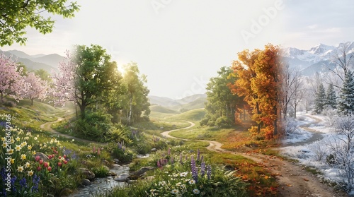 Stunning landscape showcasing the smooth and magical transition of the four seasons across a winding path in nature