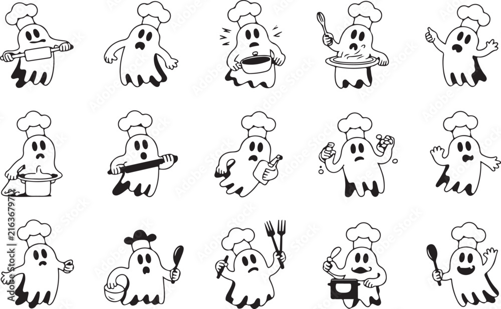 Obraz premium Halloween ghost chef icons set for spooky culinary festive designs and holiday decorations