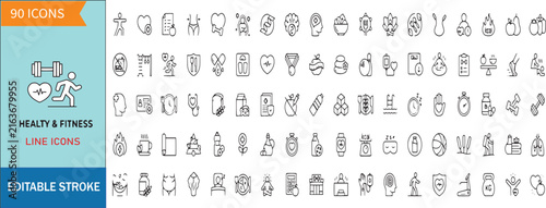Healthy Living and Fitness Line Icon Set, Medical Wellness, Daily Exercise and Gym Training Thin Line Icons