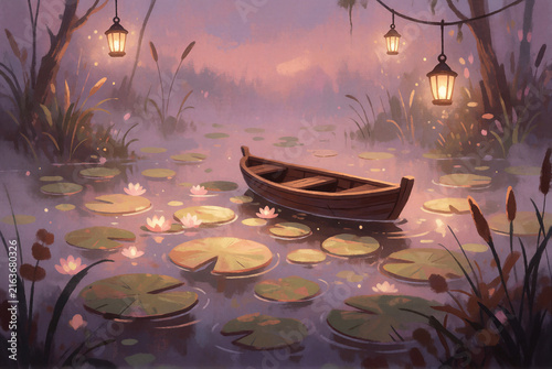 Wooden boat on a misty swamp at twilight