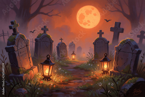 Spooky cute graveyard path with glowing lanterns under orange moon