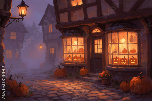 Spooky cute pumpkin lit storefront in a misty village at night