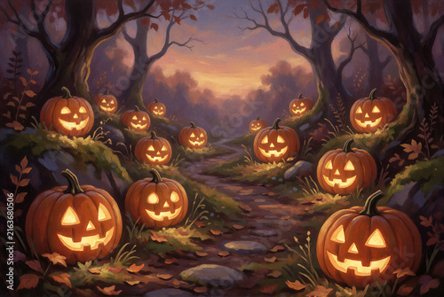 Glowing jackolanterns on a forest path at twilight