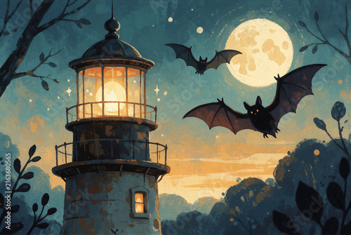 Charming lighthouse scene with flying bats at night