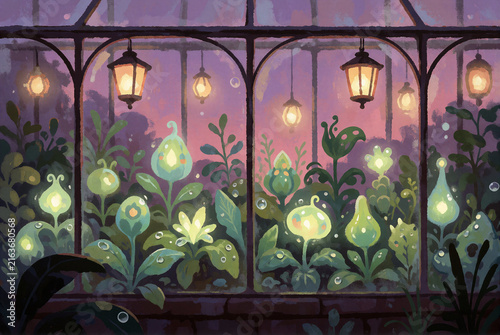Whimsical greenhouse with glowing plants at twilight