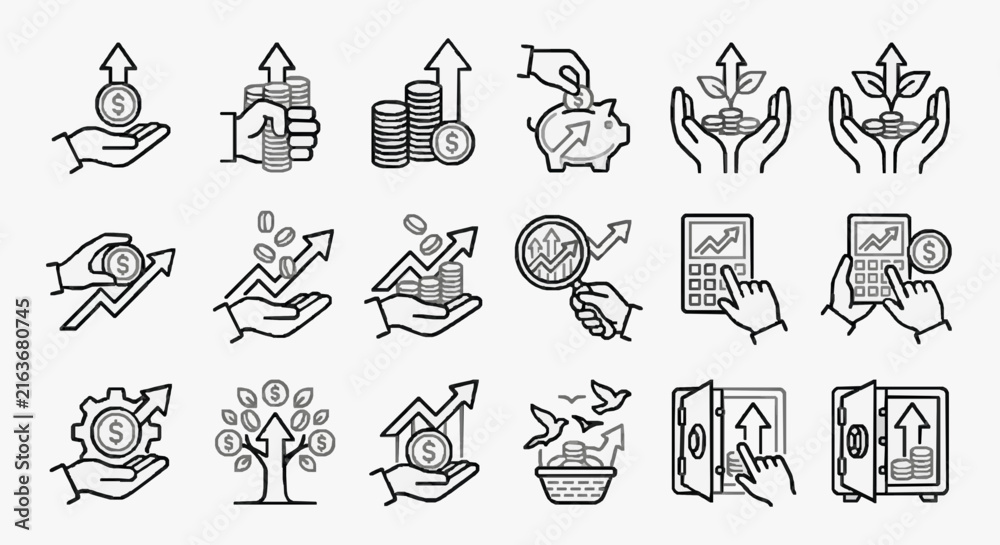 Fototapeta premium Professional Black and White Line Icons Set Featuring Financial Growth Investment Savings and Business Success Concepts