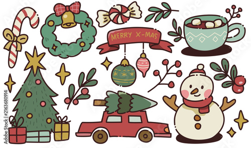 Vintage Hand Drawn Christmas Doodle Element with Snowman, Garland, Hot Chocolate Drink and Christmas Tree