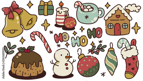 Vintage Hand Drawn Christmas Doodle Element with Ginger Bread, Snowman, Pudding and Candy Cane