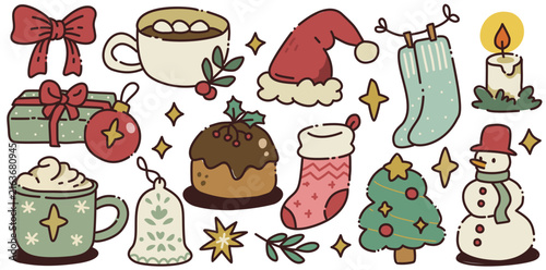Vintage Hand Drawn Christmas Doodle Element with Bow, Santa Hat, Pudding, Snowman and Christmas Tree