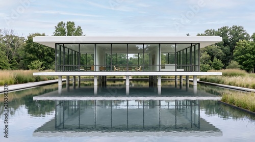 Modern glass pavilion reflected in tranquil surrounding water