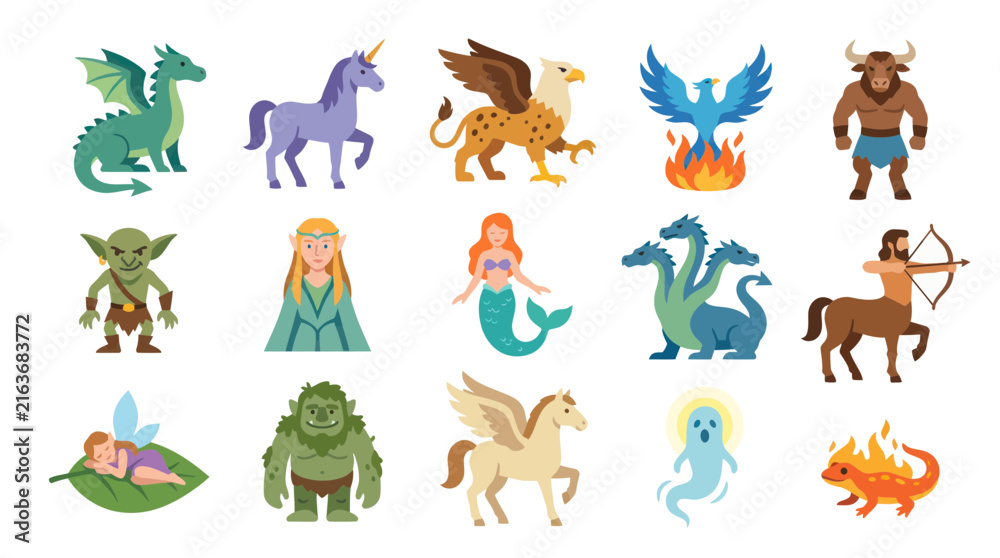 Obraz premium Mythical Creatures and Fantasy Characters Flat Vector Icon Set for Games, Storytelling, and Fairy Tales
