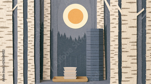 Birch forest frames quiet paper stack beside modern tower beneath warm sun, creating calm layered woodland composition with depth and contrast