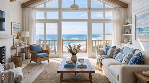 Beautiful coastal living room interior with ocean view and elegant beach house decor