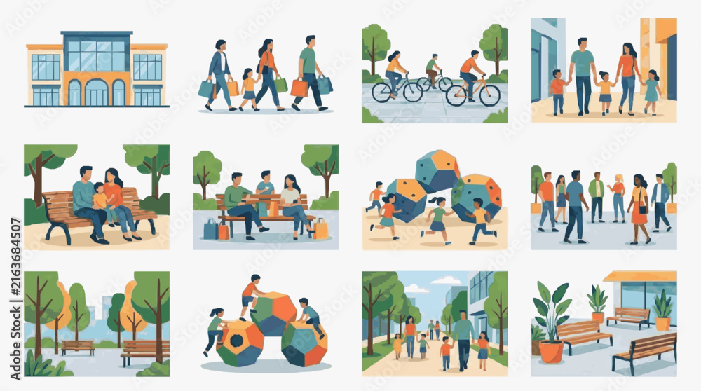 Fototapeta premium Professional Illustrated Scenes of Community Living and Urban Family Activities with Colorful Buildings and Play Elements