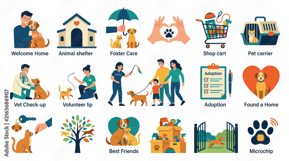 Fototapeta premium Flat Vector Pet Adoption and Care Icons Set. Animal Welfare, Veterinary Services Happy Pet Ownership Concepts