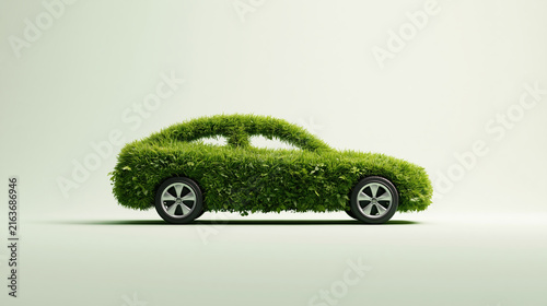 Green hedge car shape symbolizing eco friendly transport and sustainable driving concept on clean pale background