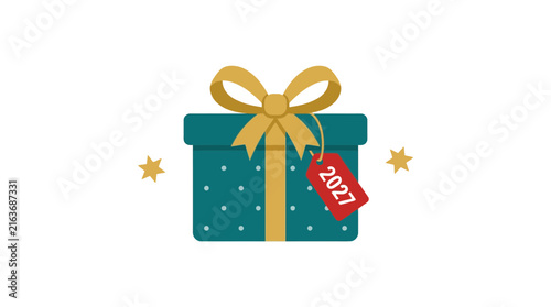 2027 Christmas gift box vector icon, teal present with gold bow and red tag, new year celebration illustration, festive holiday decoration