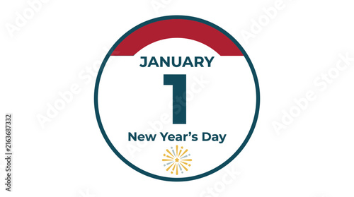 January 1 New Year's Day circular flat vector icon, red and blue design, star symbol, winter holiday badge, 2025 celebration sign, web and app UI element, greeting label