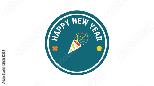 Happy New Year Celebration Badge, Teal Round Label With Party Popper And Confetti, Vector Graphic For Holiday Invitation, Card Design, Logo, Stamp, And Festive Greeting