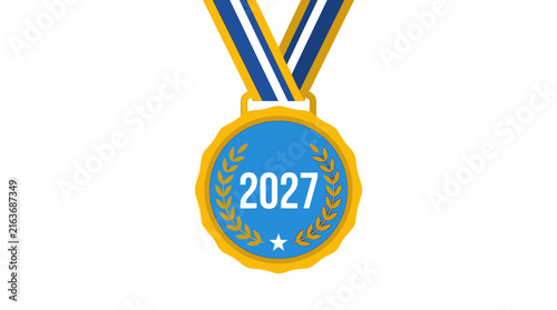 Set of vintage style medals with year 2027 in the center. Blue center design with gold rim and laurel wreaths. Ribbon with blue and gold stripes. Award design for prize, victory