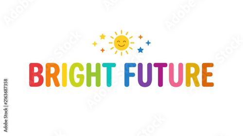Bright Future logo with smiling sun and stars in colorful summer rainbow gradient alphabet design for business branding and kids education