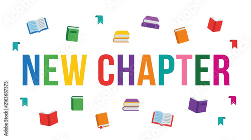 New Chapter typography in rainbow colors, vector illustration of open and closed books, literary celebration design, education banner, reading concept background