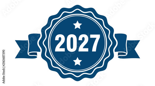 2027 New Year Badge Vector Illustration. Navy Blue Seal Design with Ribbon and Stars. Typography Emblem for Planning and Modern Graphic Design
