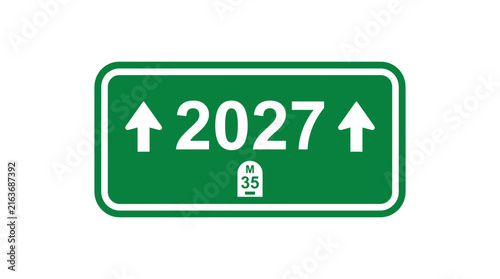 Green 2027 highway road sign with arrow. Road traffic symbol. Route marker plate icon. Isolated on white background. Flat design.